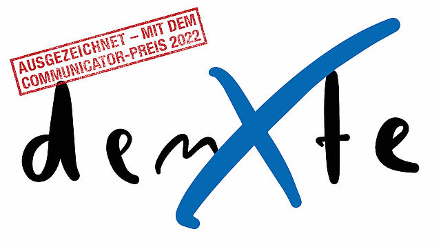 denXte-Logo mit dem Zusatz "Ausgezeichnet mit dem Communicator-Preis 2022"